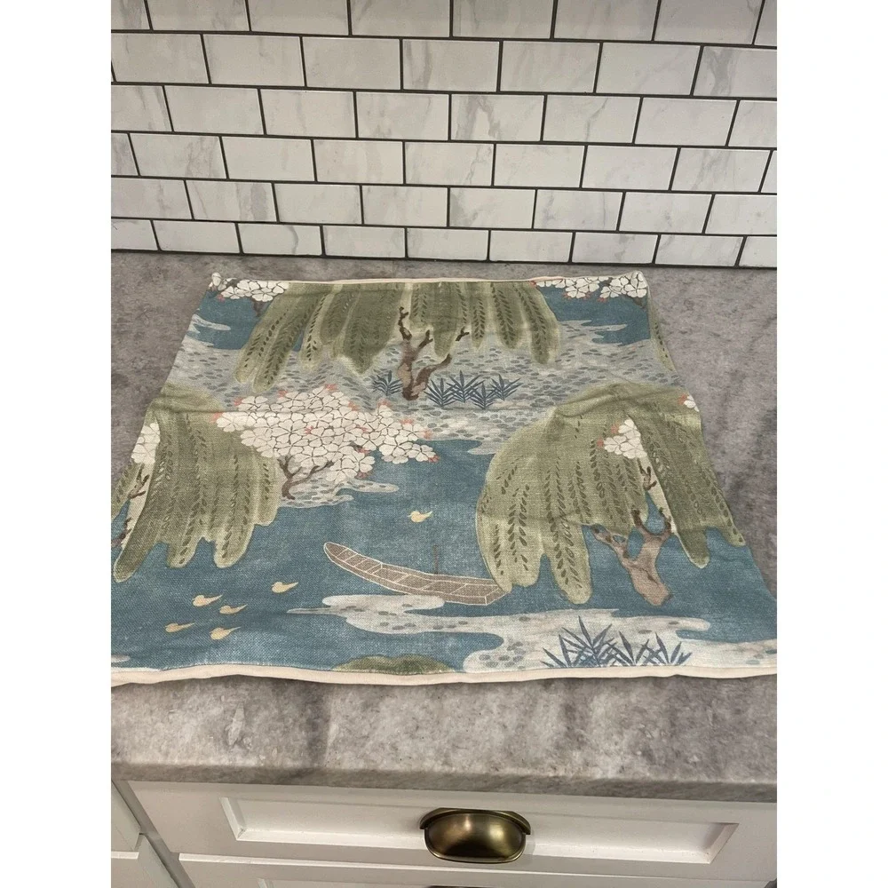 Blue Canvas Throw Pillow Cover 20x20 Asian Landscape Willow Cherry Blossoms